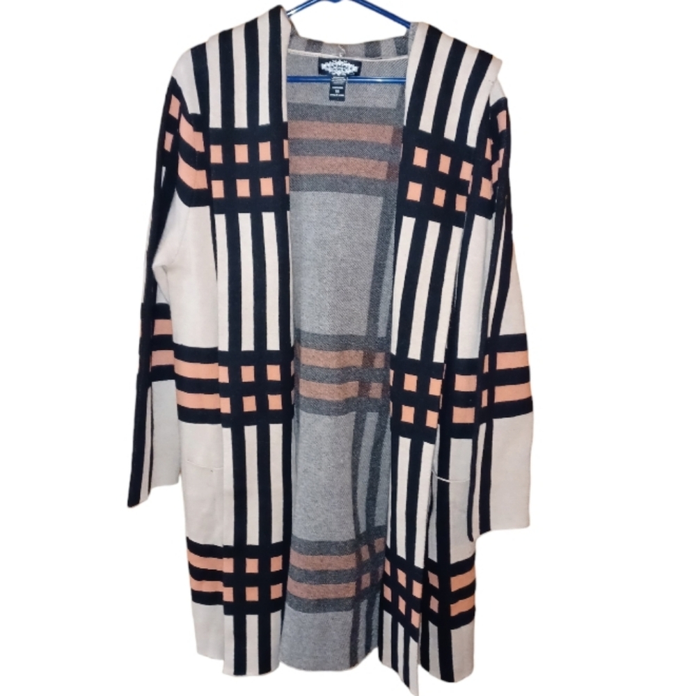 Anthropologie Oliver O 1X Heavy Hooded Cardigan Sweater Cream/Black/Salmon Pink